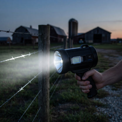 Outdoor Search Light beam along a barbed-wire fence by a barn at dusk