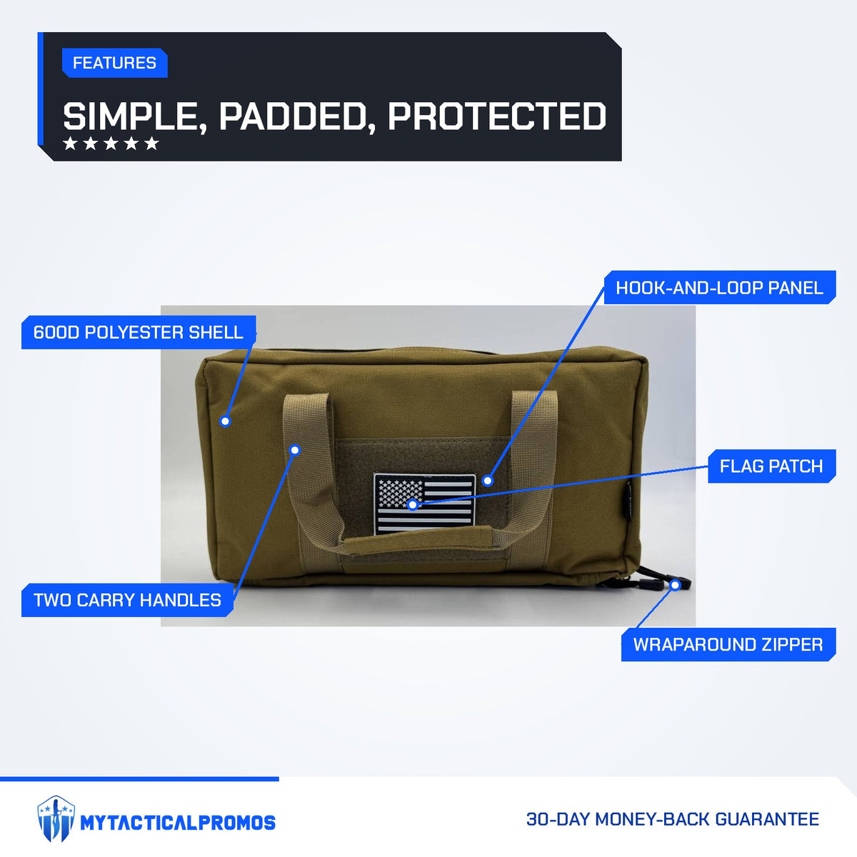 Pistol Gun Bag features labeled: 600D polyester shell, two carry handles, flag patch, hook-and-loop panel, wraparound zipper