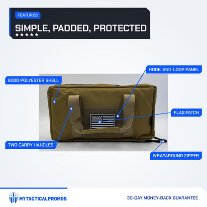 Pistol Gun Bag features labeled: 600D polyester shell, two carry handles, flag patch, hook-and-loop panel, wraparound zipper