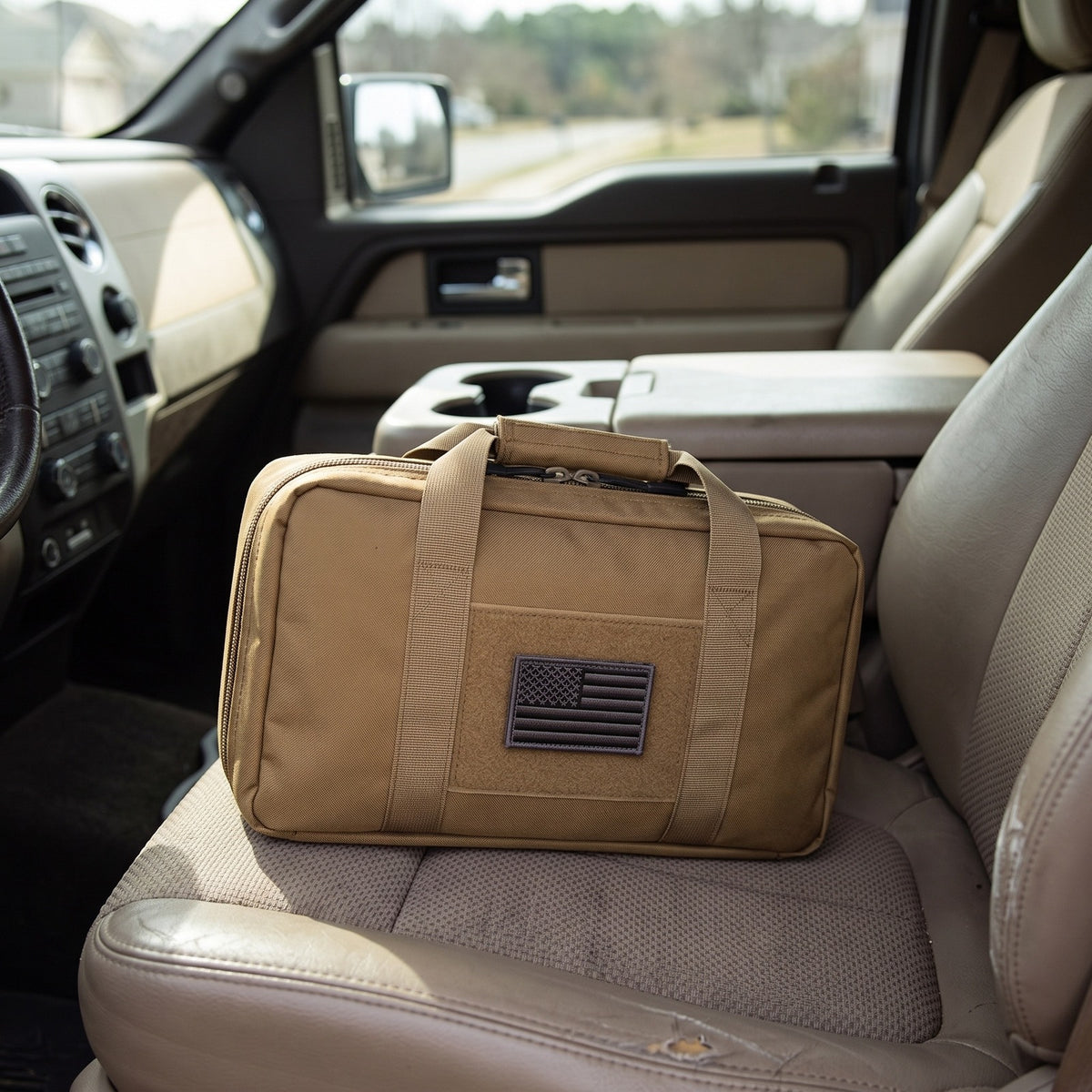 Pistol Gun Bag on the passenger seat of a pickup truck