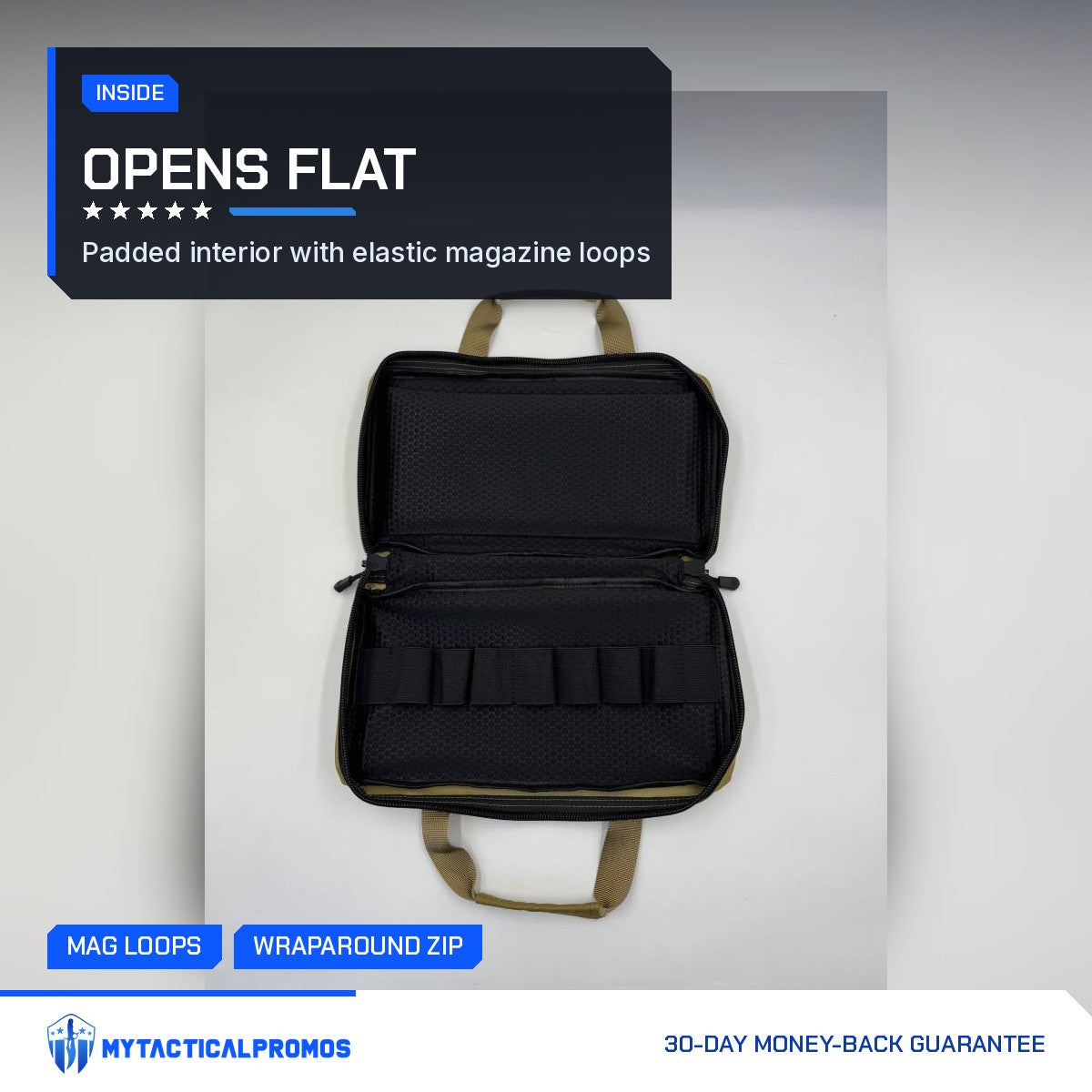 Pistol Gun Bag unzipped flat showing the padded interior and elastic magazine loops