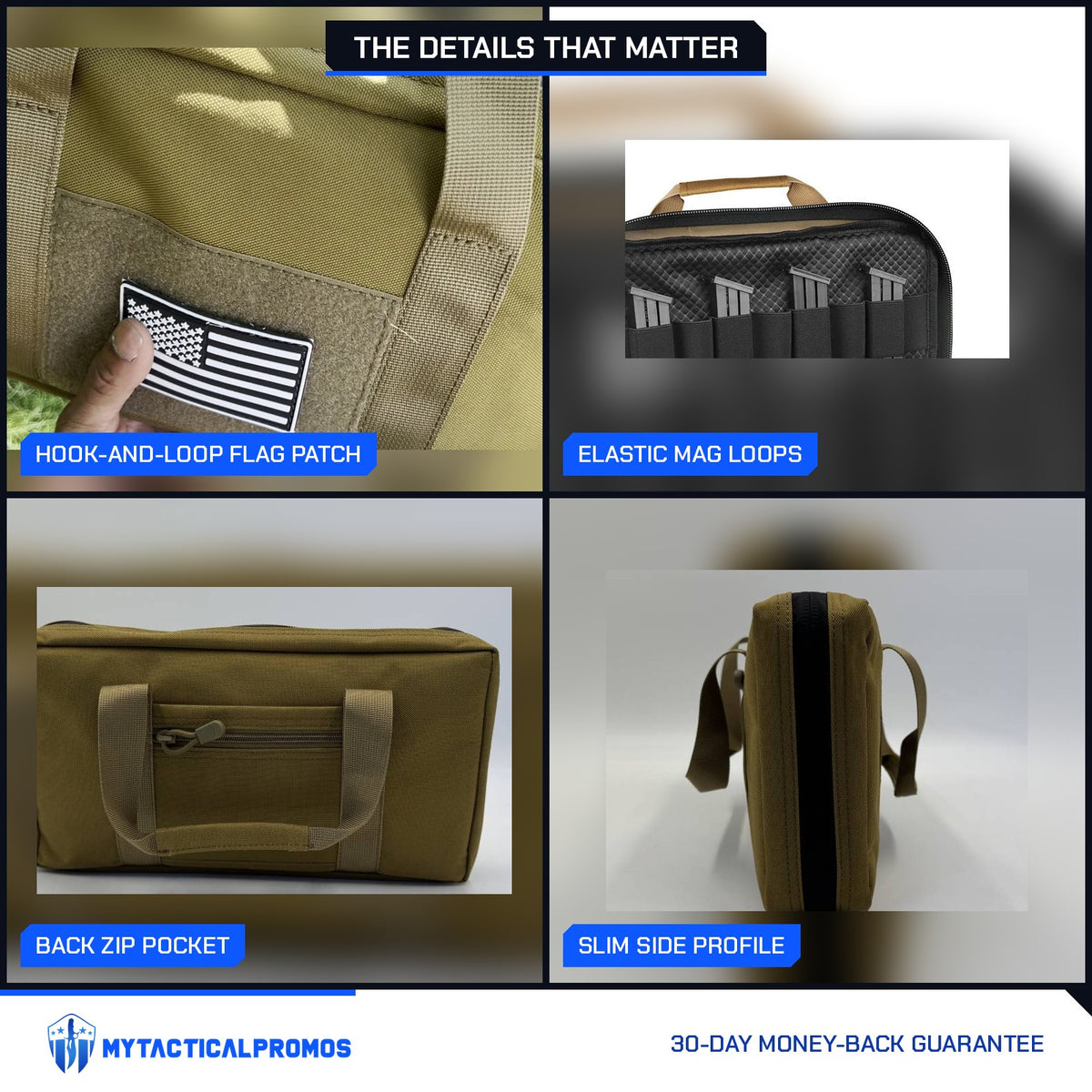 Pistol Gun Bag close-ups: hook-and-loop flag patch, elastic magazine loops, back zip pocket, slim side profile