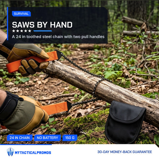 Pocket Chain Saw pulled through a fallen branch by two gloved hands