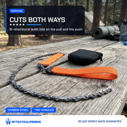 Pocket Chain Saw laid out on a picnic table beside its zip pouch