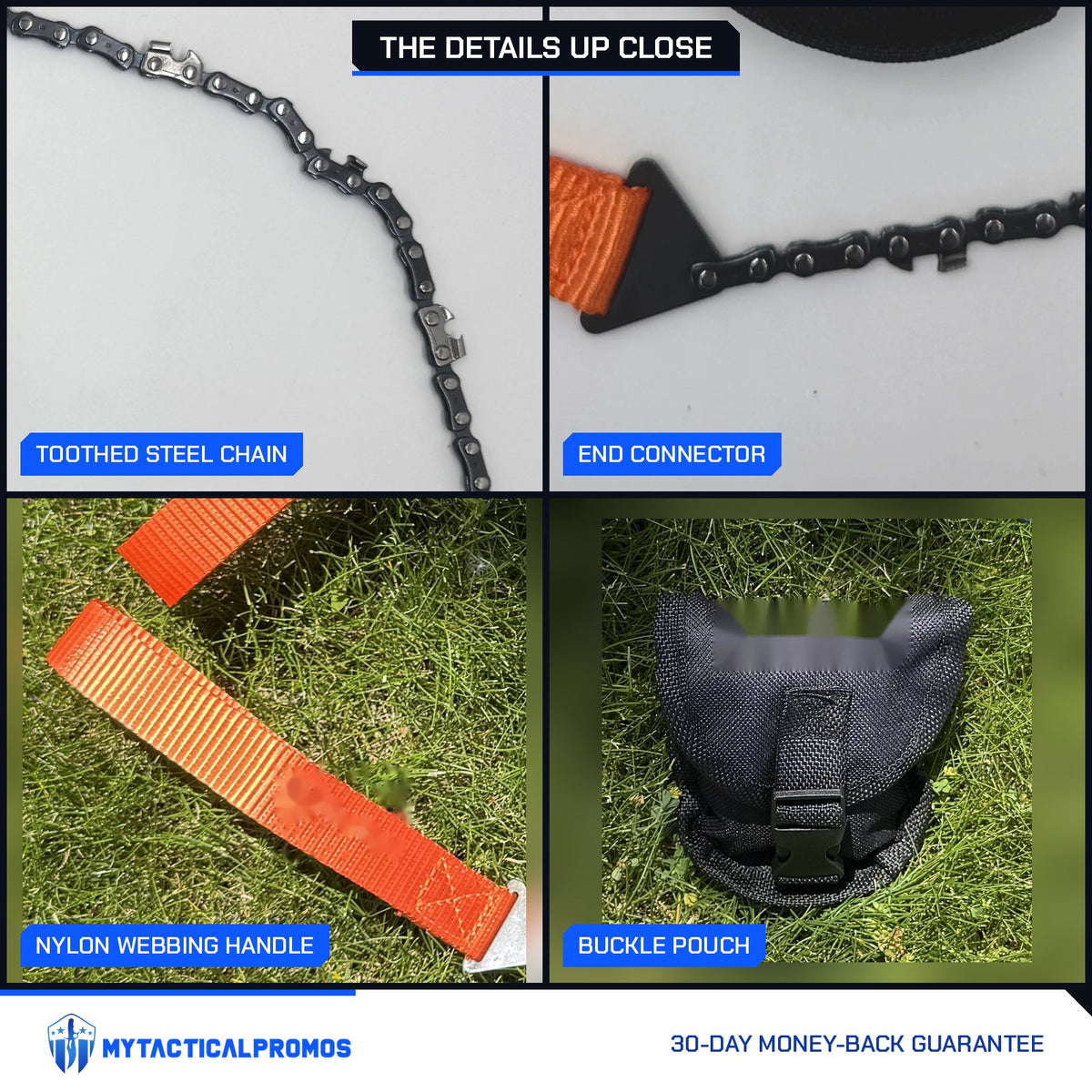 Pocket Chain Saw close-ups: toothed steel chain, end connector, nylon webbing handle, buckle pouch
