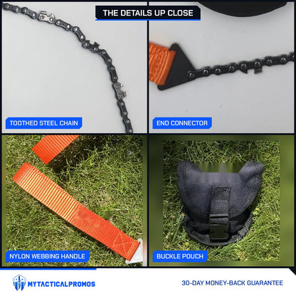 Pocket Chain Saw close-ups: toothed steel chain, end connector, nylon webbing handle, buckle pouch