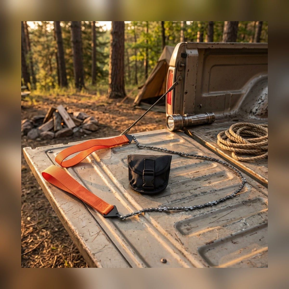 Pocket Chain Saw on a pickup tailgate at camp with its pouch, rope and a flashlight