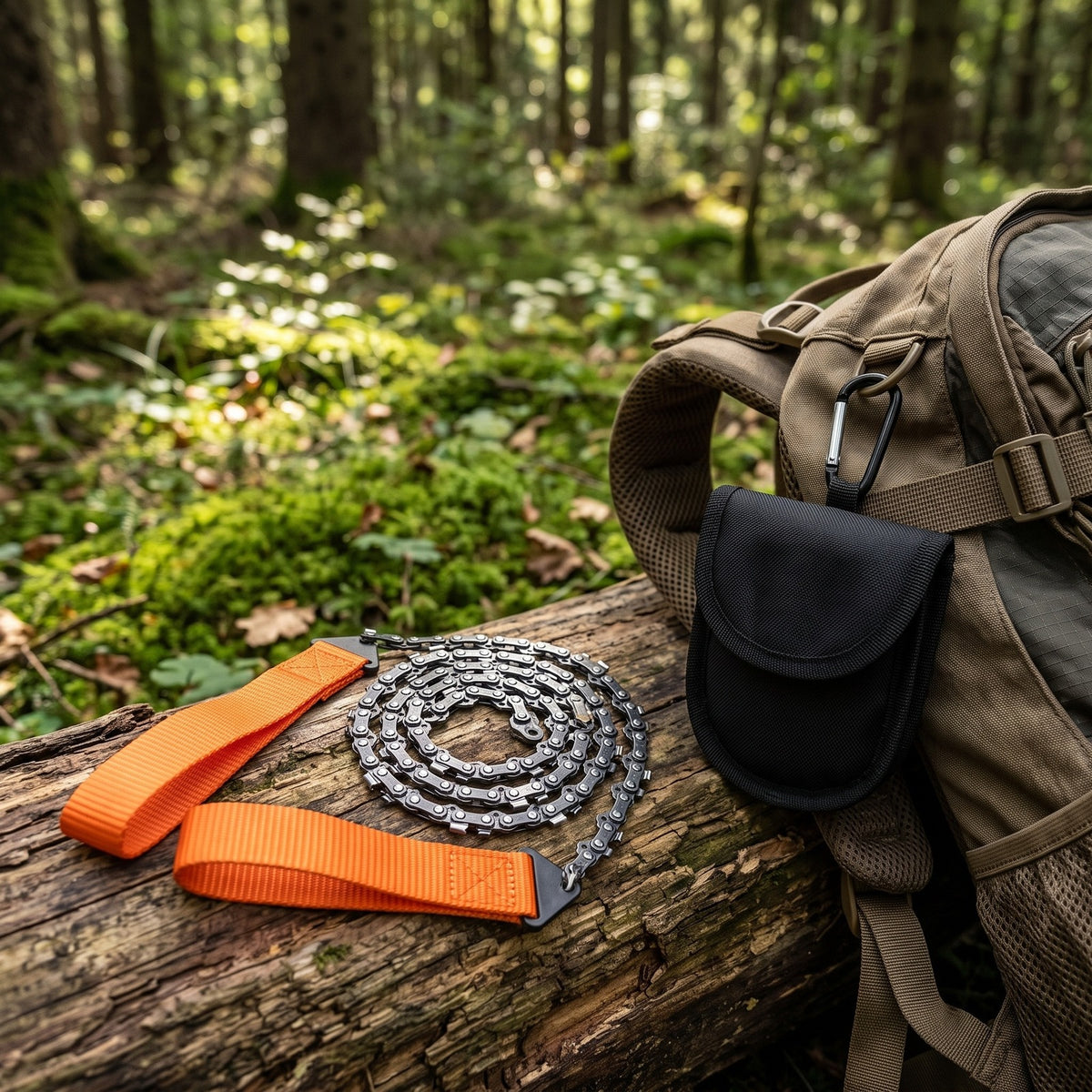 Pocket Chain Saw coiled beside a backpack, small enough for any pack