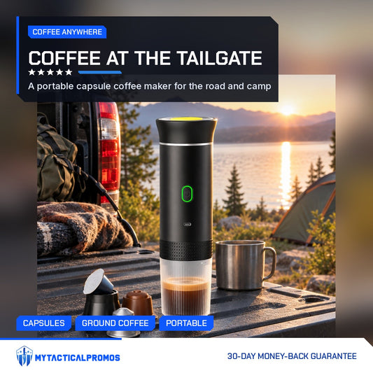 Portable Coffee Maker on a truck tailgate with capsules and a fresh cup