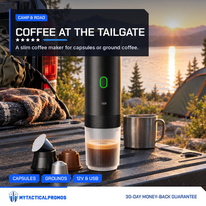 Portable Coffee Maker brewing on a truck tailgate by a lake at sunrise