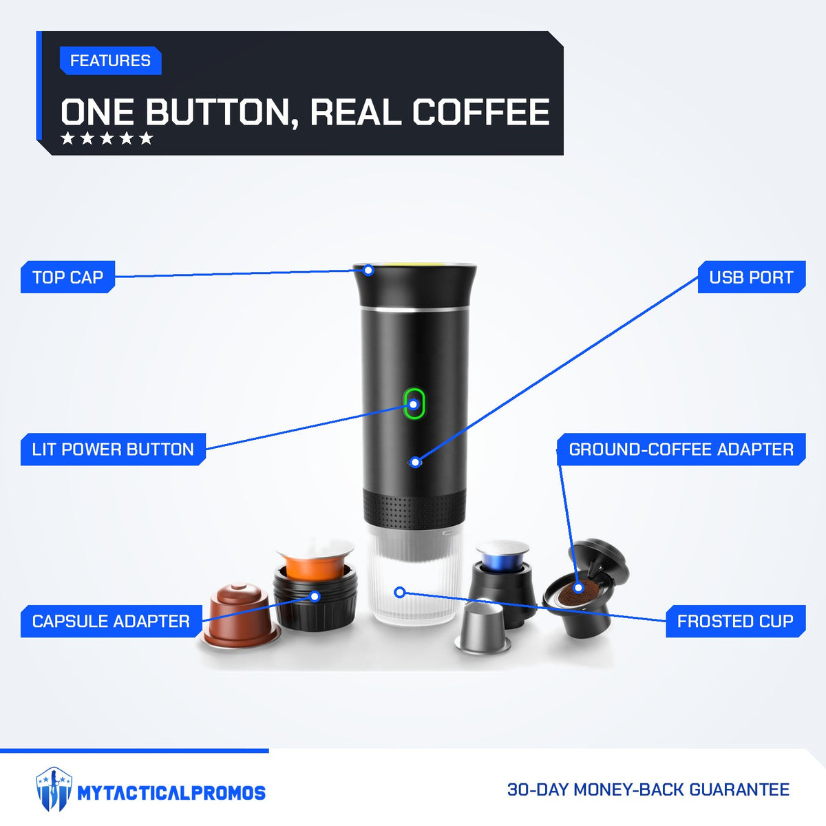 Portable Coffee Maker features labeled: top cap, lit power button, capsule adapter, USB port, frosted cup, ground-coffee adapter