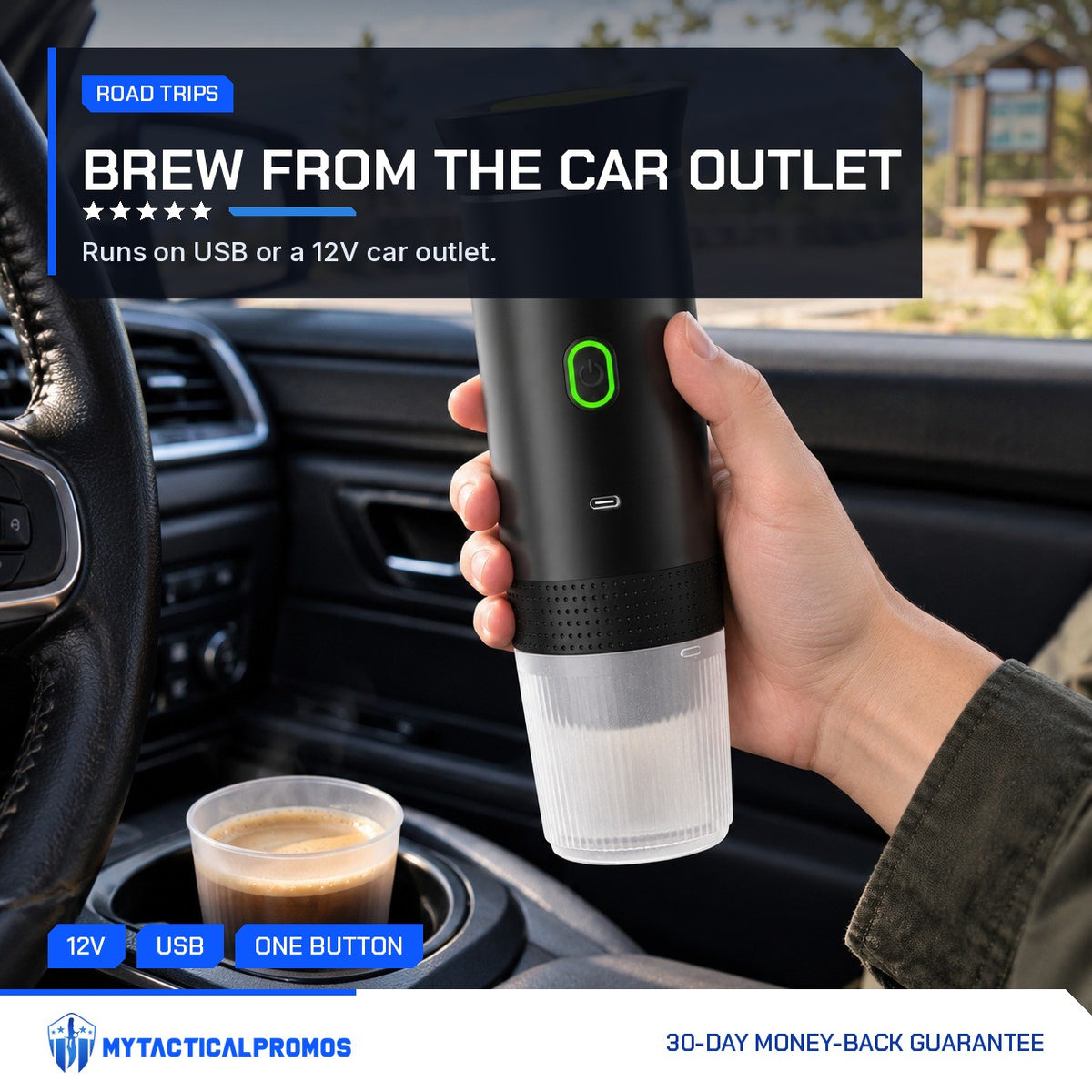 Portable Coffee Maker in a car with a fresh cup in the cup holder