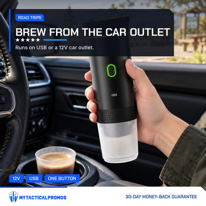 Portable Coffee Maker in a car with a fresh cup in the cup holder