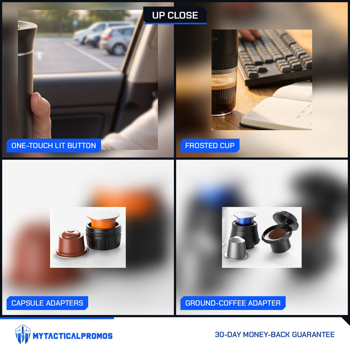Portable Coffee Maker close-ups: one-touch lit button, frosted cup, capsule adapters, ground-coffee adapter