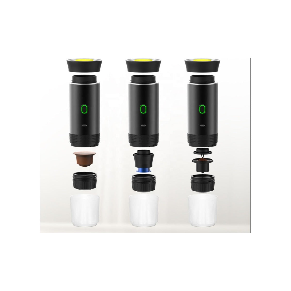 Portable Coffee Maker three ways to brew: large capsule, small capsule or ground coffee adapters