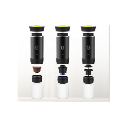 Portable Coffee Maker three ways to brew: large capsule, small capsule or ground coffee adapters