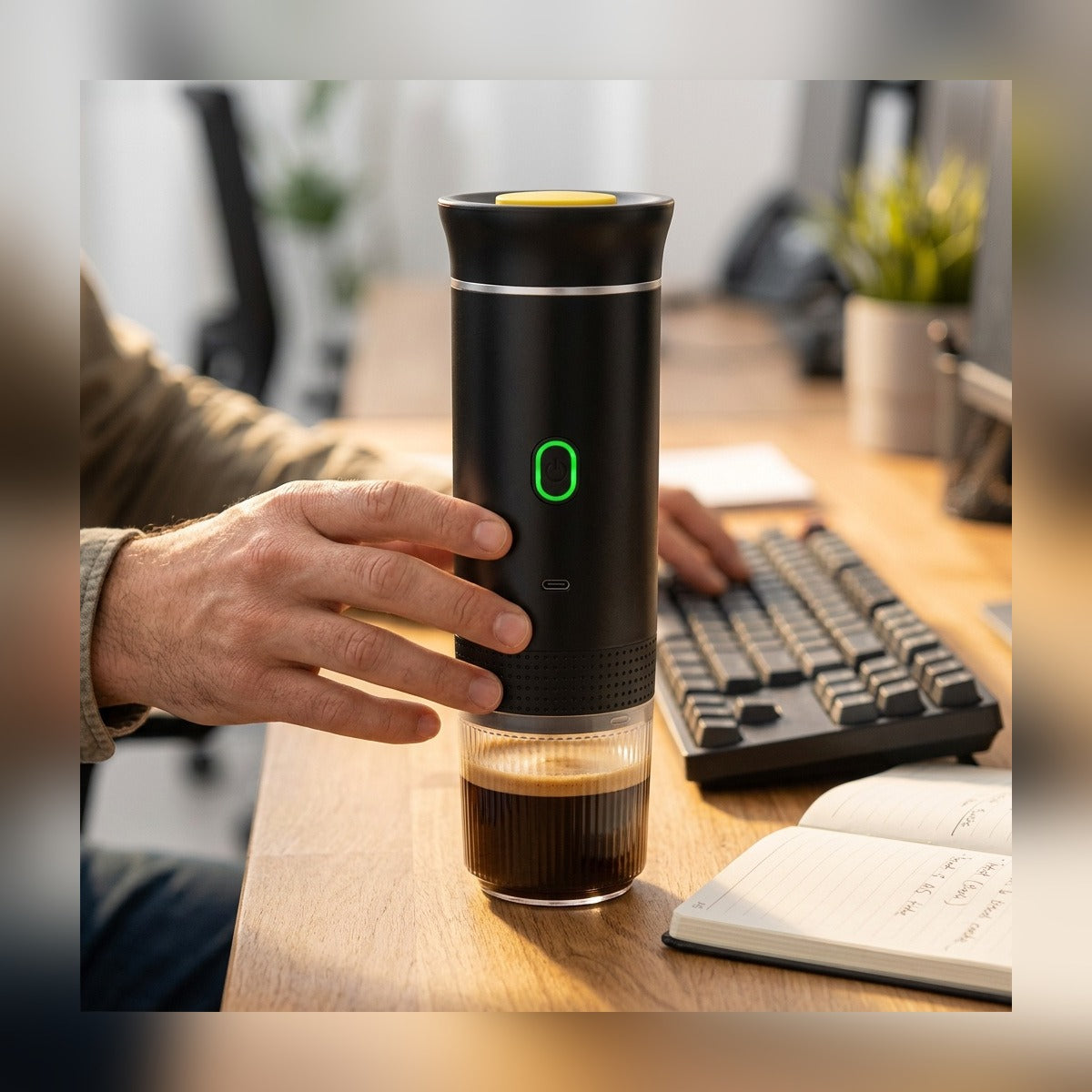 Portable Coffee Maker with a fresh espresso on an office desk