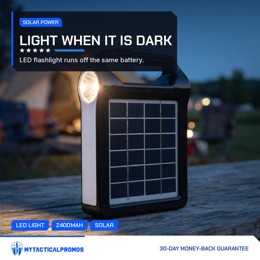 Portable Solar Power Station with its LED flashlight lit on a campsite table