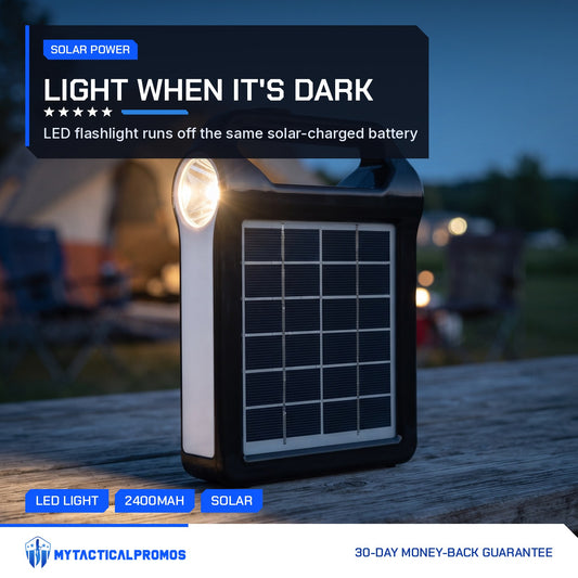 Portable Power Station with its LED flashlight on at a campsite at night