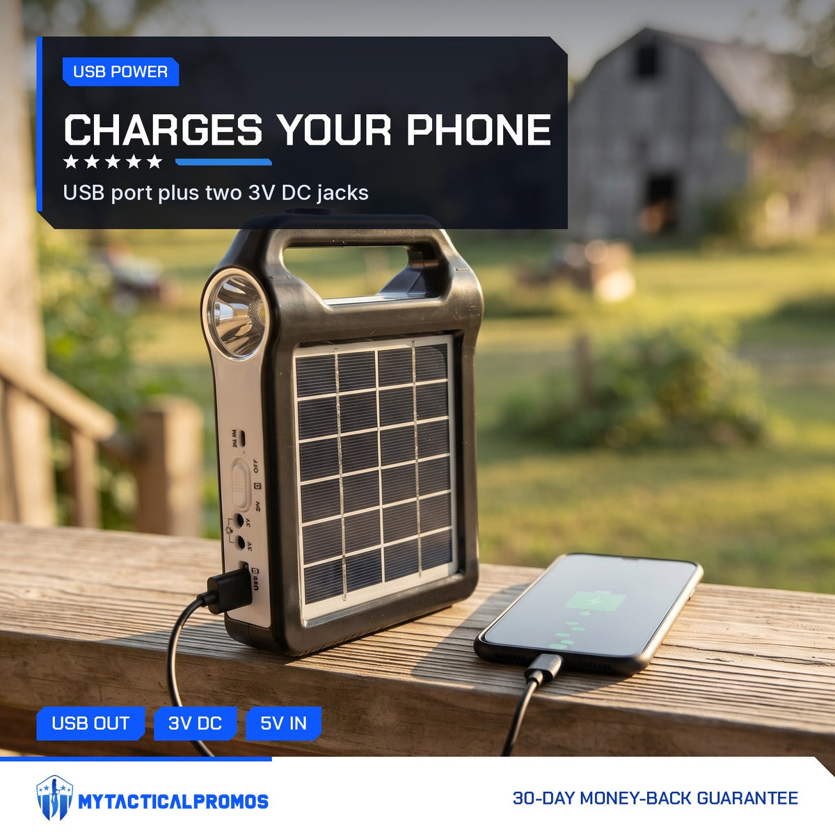 Portable Power Station on a porch railing charging a phone by USB cable