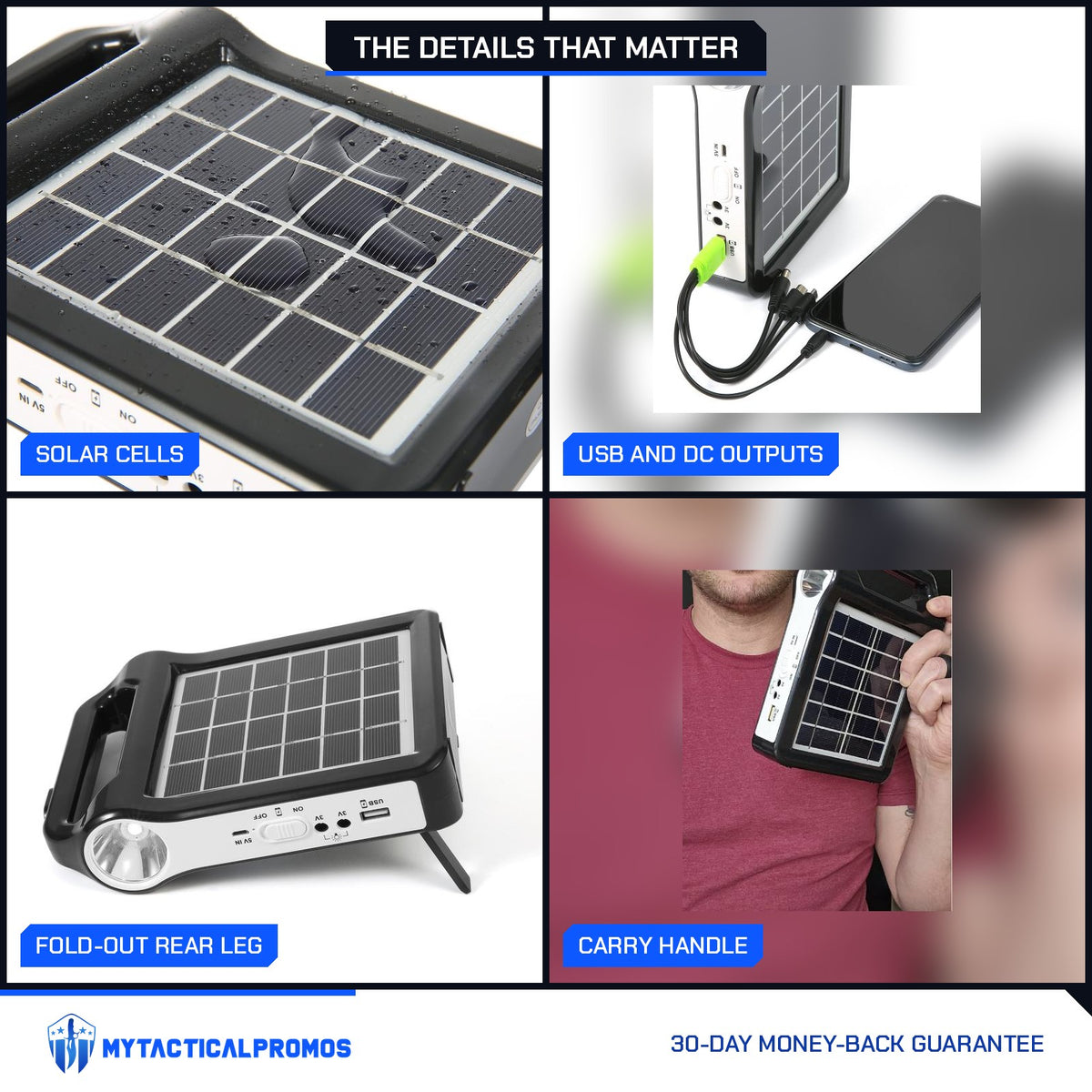 Portable Power Station close-ups: solar cells and ports, USB and DC outputs, fold-out rear leg, carry handle