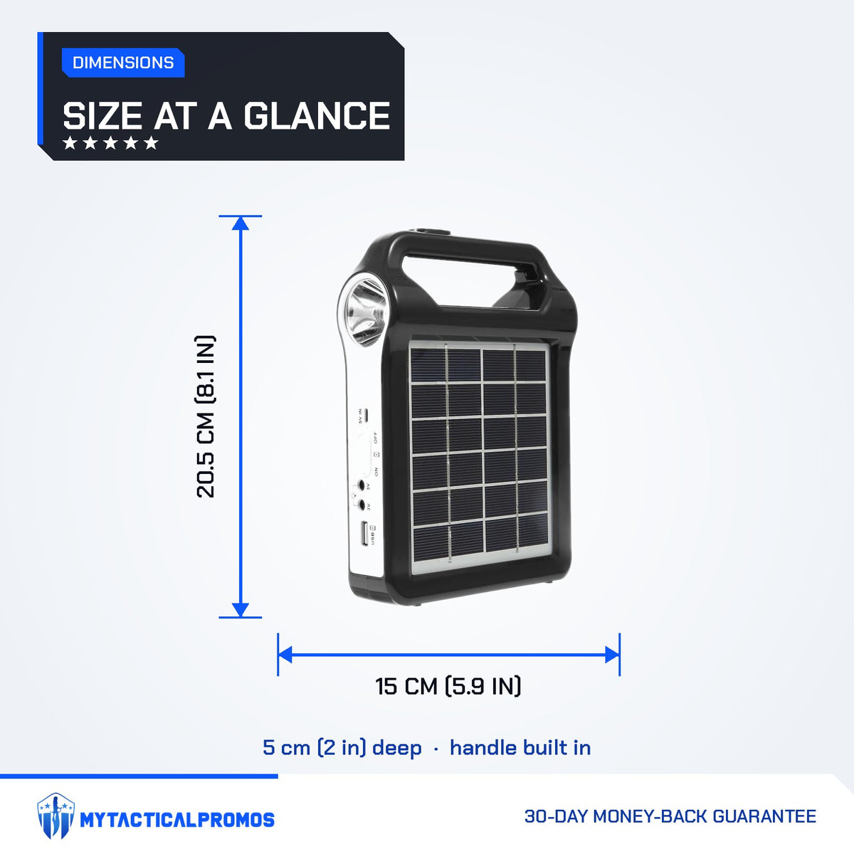 Portable Power Station dimensions: about 20.5 x 15 x 5 cm with built-in handle