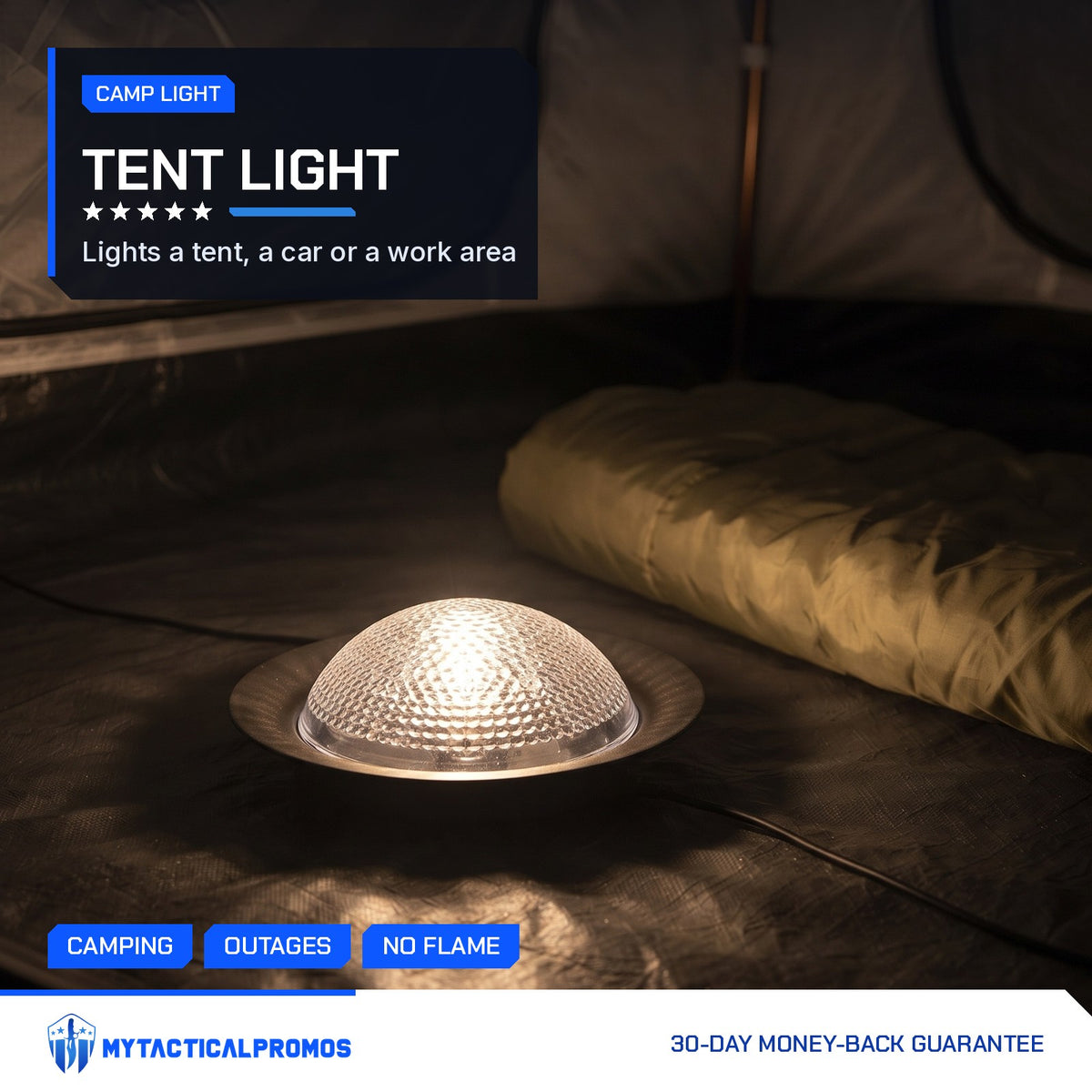 Power Station Light Bulb glowing inside a camping tent