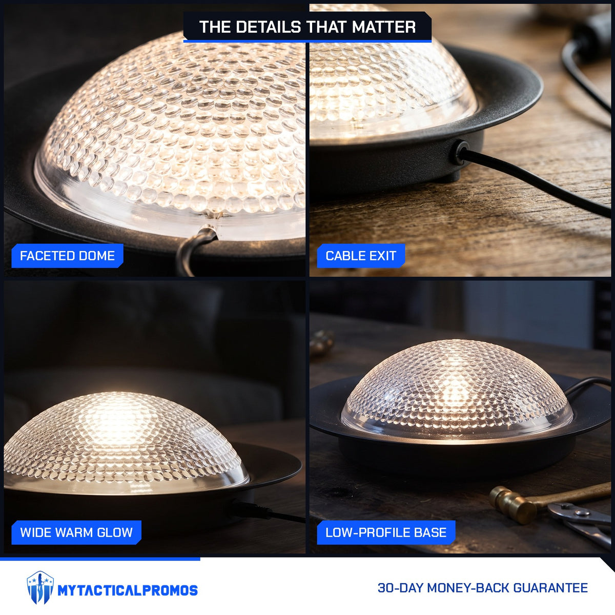 Power Station Light Bulb close-ups: faceted dome, cable exit at the base, wide warm glow, low-profile base