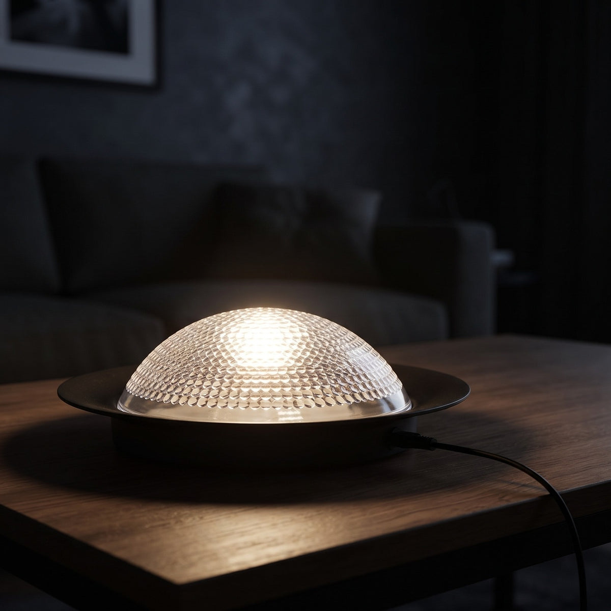 Power Station Light Bulb lighting a living room coffee table at night