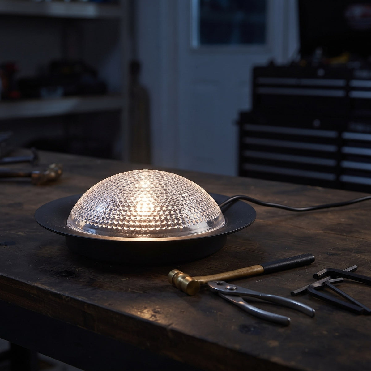 Power Station Light Bulb lighting a garage workbench