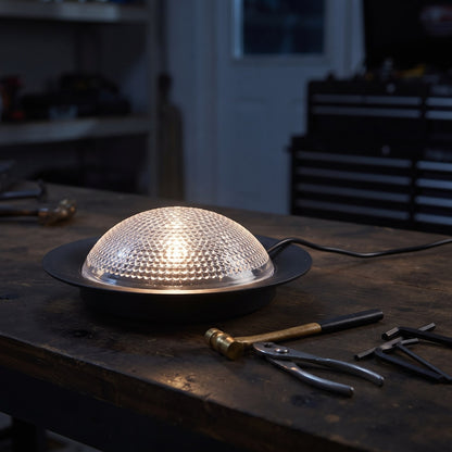 Power Station Light Bulb lighting a garage workbench