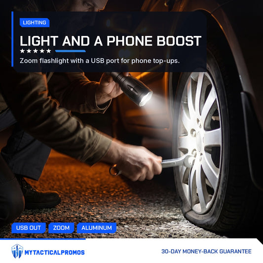 Powerbank Flashlight lighting a tire change at night