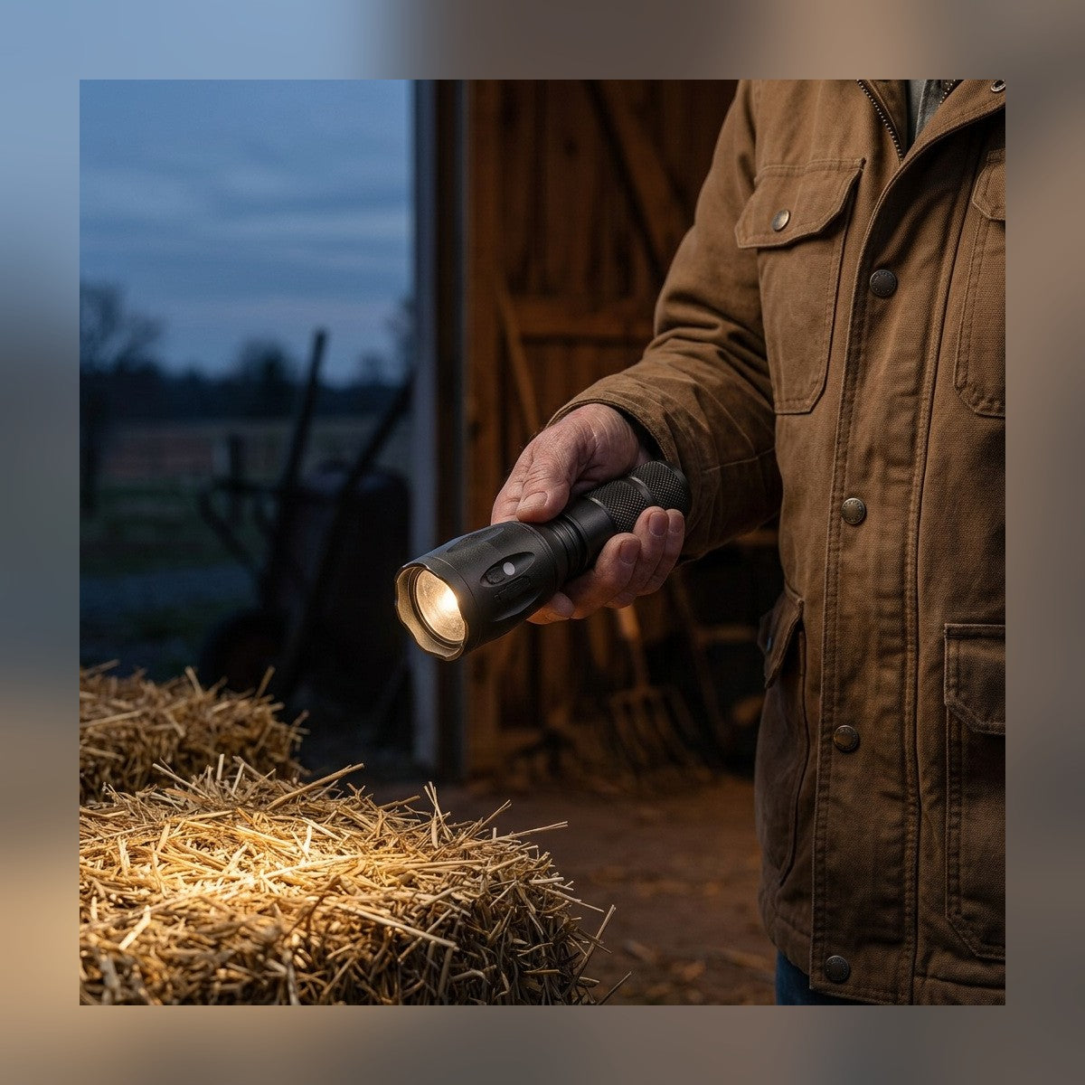 Man holding the Powerbank Flashlight in one hand in a barn doorway at dusk