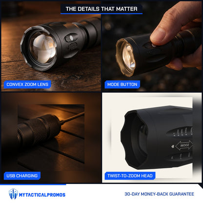 Powerbank Flashlight close-ups: convex zoom lens, mode button, USB charging cable, twist-to-zoom head