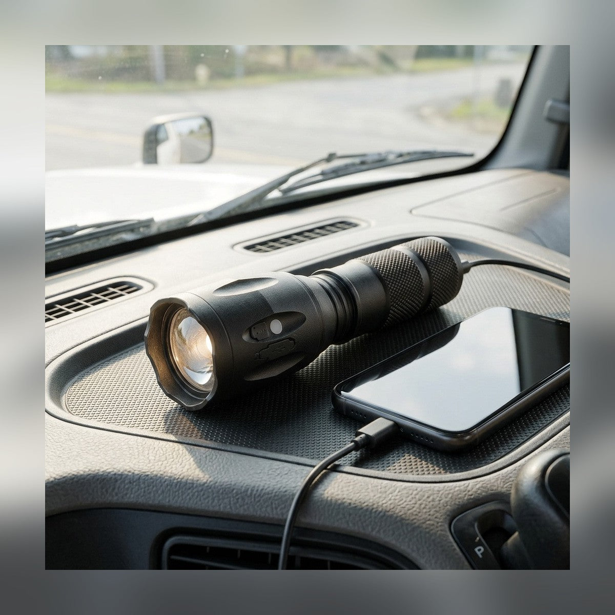 Powerbank Flashlight on a truck dashboard beside a phone charging by USB cable