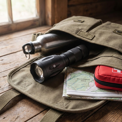 Powerbank Flashlight in a canvas bag with a water bottle, map and first aid pouch