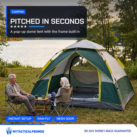 Quick Popup Tent at a lakeside campsite with an older couple in camp chairs