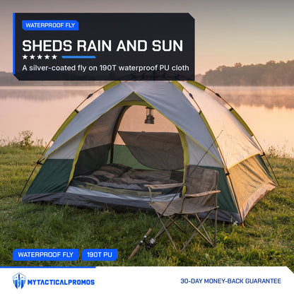 Quick Popup Tent pitched by a misty lake at sunrise