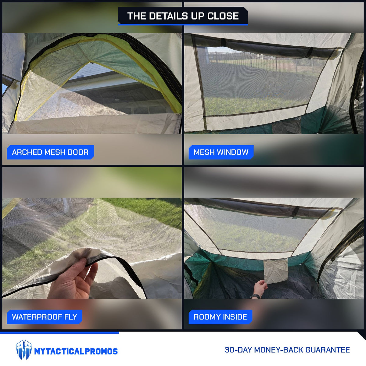 Quick Popup Tent close-ups: arched mesh door, mesh window, waterproof fly, roomy inside