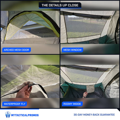 Quick Popup Tent close-ups: arched mesh door, mesh window, waterproof fly, roomy inside