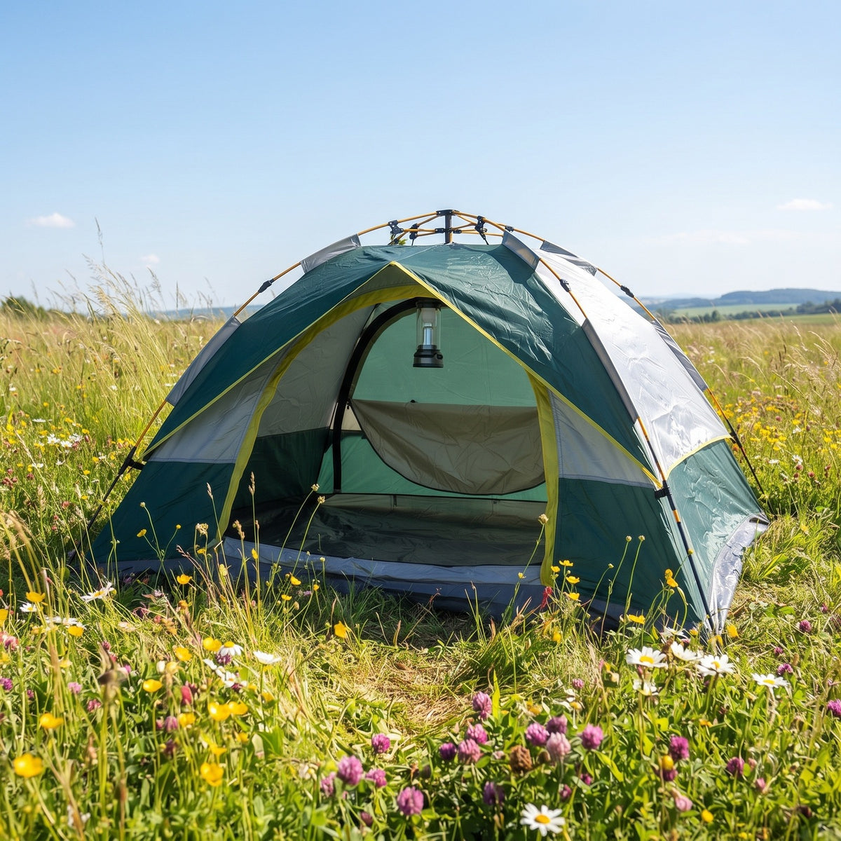 Quick Popup Tent standing in a green meadow