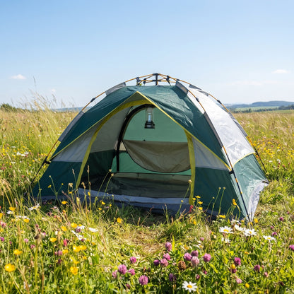 Quick Popup Tent standing in a green meadow