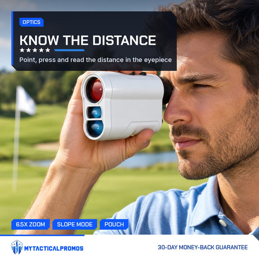 Range Finder held to the eye by a golfer on the course