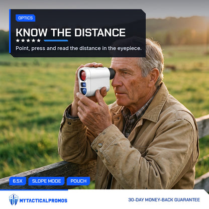 Older man at a ranch fence reading a distance through the Range Finder