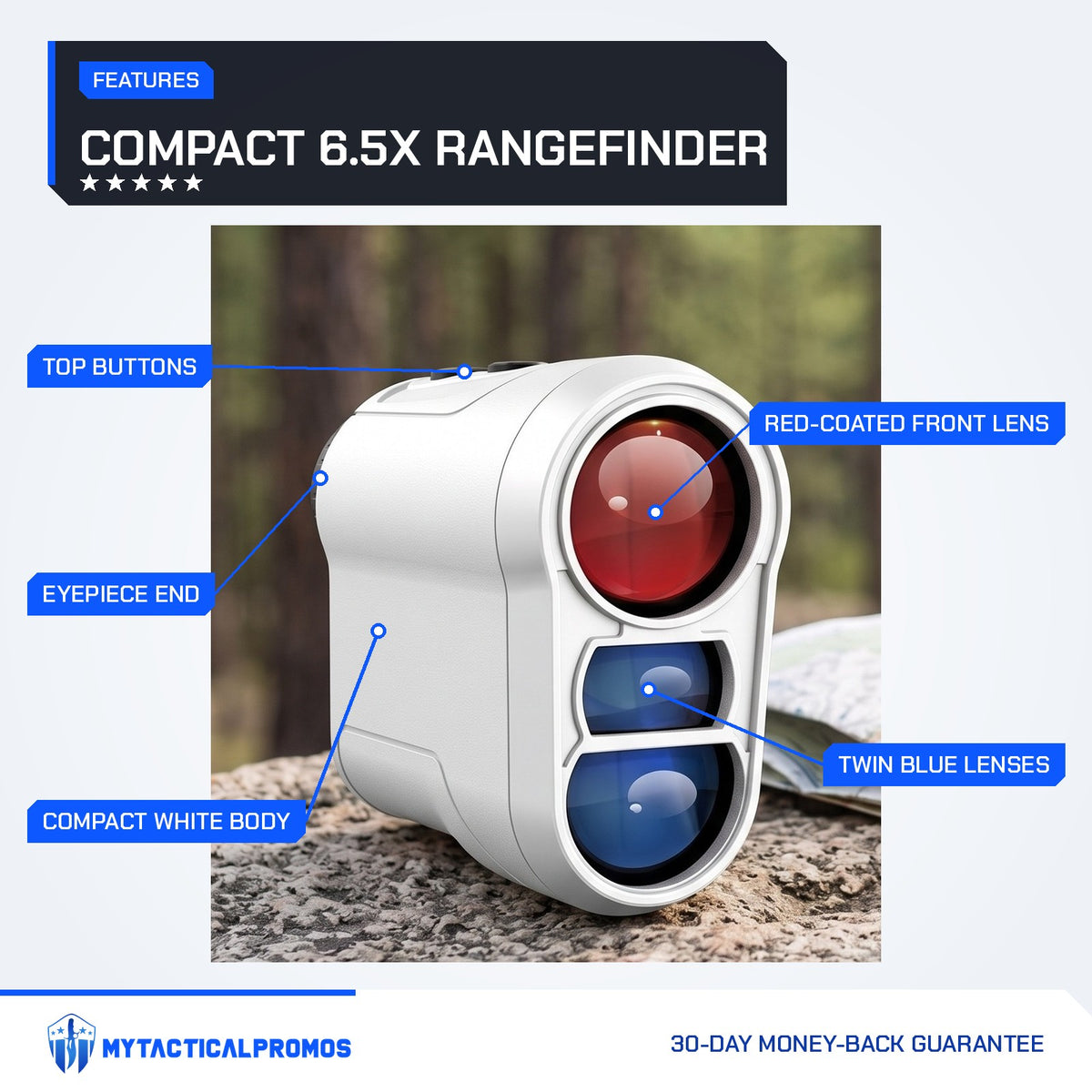 Range Finder features labeled: top buttons, eyepiece end, compact white body, red-coated front lens, twin blue lenses