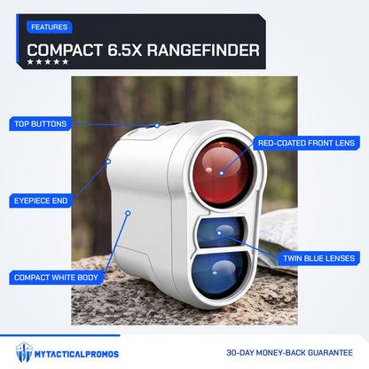 Range Finder features labeled: top buttons, eyepiece end, compact white body, red-coated front lens, twin blue lenses