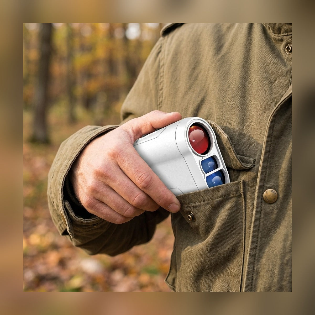 Range Finder slipping into the chest pocket of a field jacket