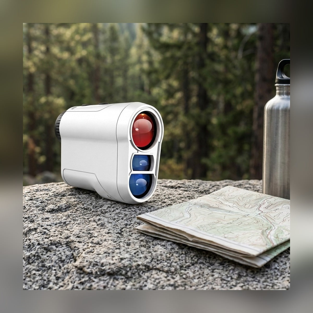 Range Finder on a trail rock beside a map and water bottle