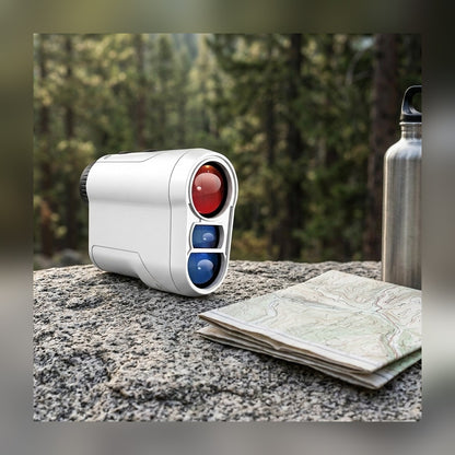 Range Finder on a trail rock beside a map and water bottle