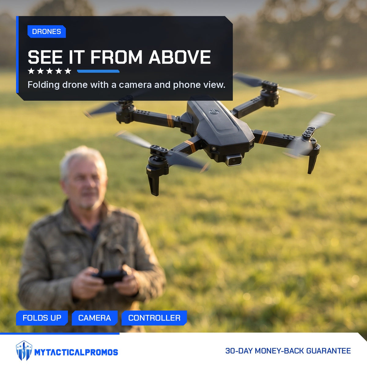 RC Drone hovering over a field while an older man flies it with the controller
